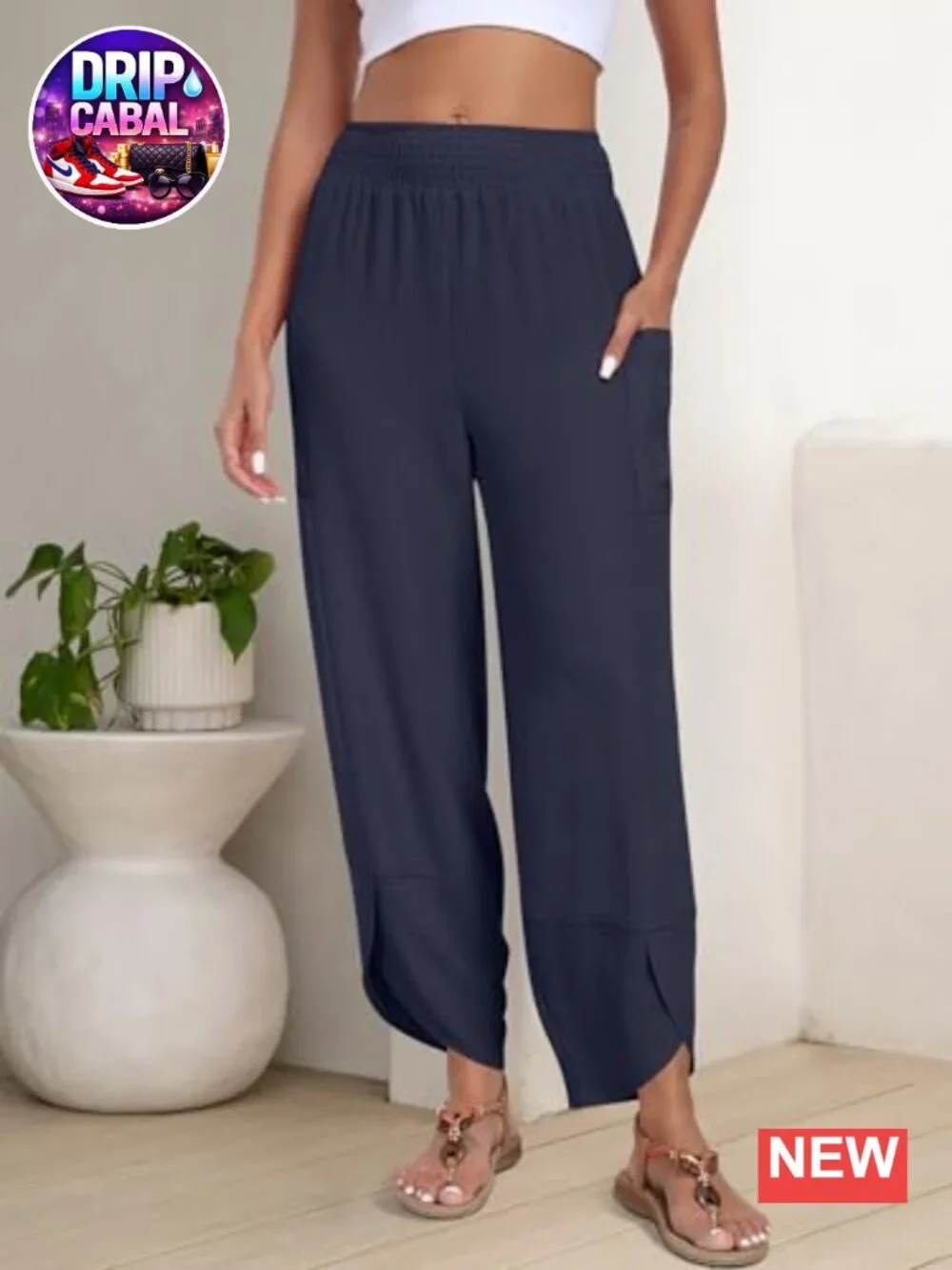 Womens Wide Leg Palazzo Capri Barrel Pants High Waisted Cropped Trousers